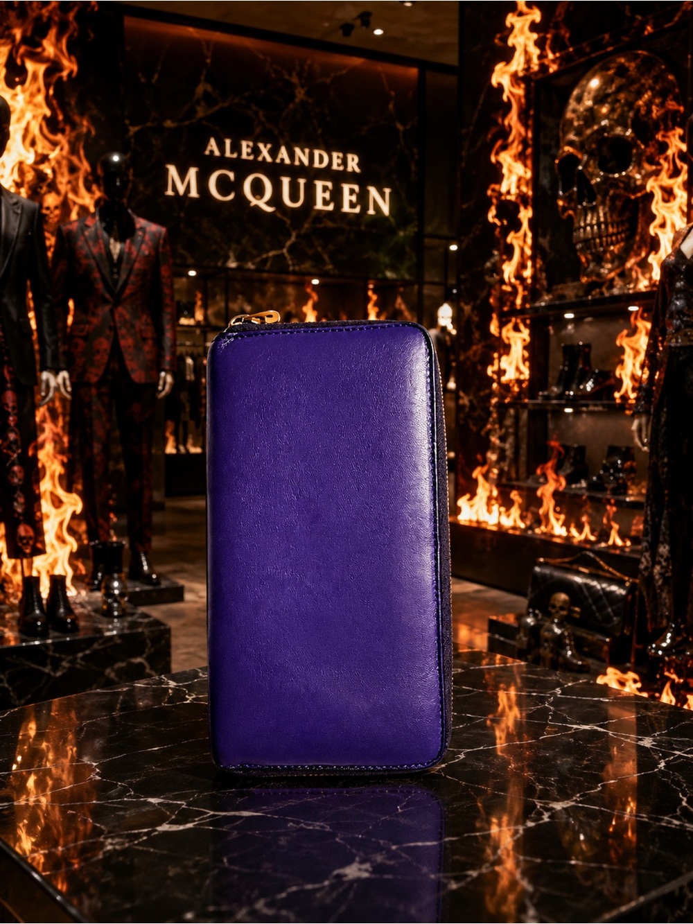 Alexander McQueen Deep Purple Zip Wallet with Gold Zip